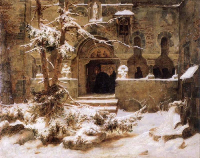 Carl Friedrich Lessing Monastery Courtyard in the Snow Norge oil painting art